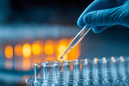 A gloved hand gently suspends a dropper over a set of vibrant test tubes, illuminated by soft golden hues creating an inviting and focused laboratory ambiance.の写真素材