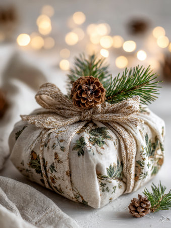 A charming handcrafted present adorned with a colorful floral fabric, tied with rustic twine, accented by a pinecone sprig, all set amidst plush textiles and soft glowingの写真素材