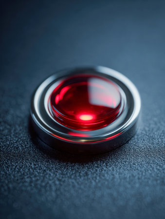 A glowing crimson button with a sleek silver edge rests against a rugged, dark textured background, evoking readiness and instant response in advanced tech environmeの写真素材
