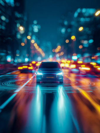 A sleek autonomous car glides through a lively urban thoroughfare illuminated by neon hues, leaving luminous blue streaks amid bustling, motion-blurred traffic scenes.の写真素材
