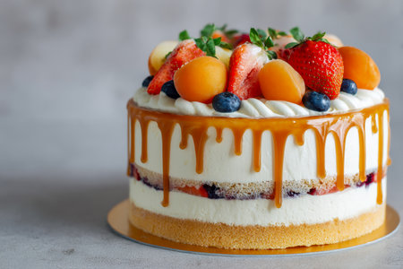 A richly crafted cake featuring multiple tiers of moist sponge, adorned with smooth frosting, a glossy caramel flow, and vibrant seasonal berries and apricots set agの写真素材