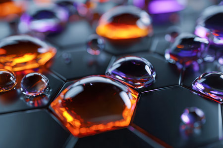 Bright orange and purple fluids rest on glossy black hexagons, forming a modern, reflective mosaic...