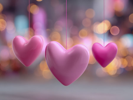 Delicate pink hearts gleam with a shiny finish, gently hanging by fine threads amid a dreamy glow of twinkling lights, perfect for celebrating love or joy.の写真素材