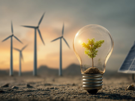 A glowing sunset backdrop captures a symbolic scene with a tiny sapling thriving within a glass bulb, encircled by wind turbines and solar arrays, embodying eco-frieの写真素材
