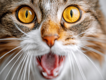 A startled feline's face reveals starting emotion, with luminous amber eyes and an open mouth, captured in razor-sharp detail that highlights its curious expression.の写真素材