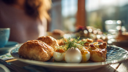 A warm, inviting scene showcasing crispy pastries, delicately garnished soft eggs topped with herbs, all set in a bright, tranquil dining space ideal for a leisurelyの写真素材