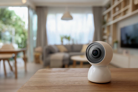 A sleek, compact security device rests on a wooden surface, set against a softly blurred room scene that highlights intelligent interior monitoring solutions.の写真素材