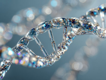 A sleek, luminous double helix gleams with transparent, mirrored surfaces, casting mesmerizing light patterns that evoke breakthroughs in genetic research and future innoの写真素材