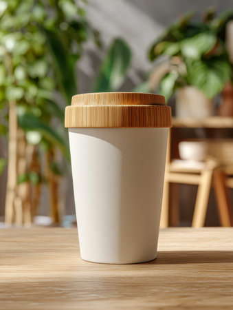 A sleek, eco-friendly container with a natural bamboo top sits atop a wooden surface, embraced by lush plants and golden sunlight, creating a peaceful indoor retreatの写真素材