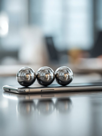 A trio of glaming metal orbs delicately rest atop a sleek phone, mirrored by a glossy surface, with out-of-focus contemporary office elements and gentle daylight ilの写真素材