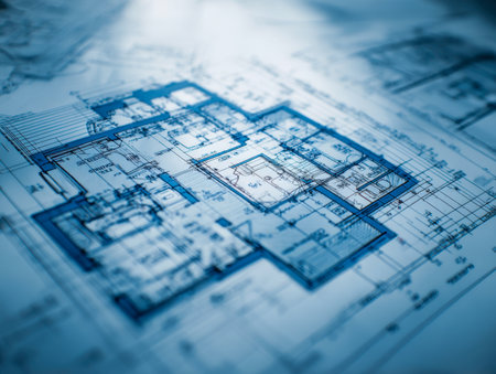 An intricate, hand-drawn blueprint displays a comprehensive layout of a contemporary home, featuring detailed measurements and design specifics for construction planの写真素材