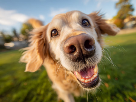 A cheerful golden retriever with soulful eyes happily roams a lush, sunlit park, embodying pure joy amid expansive green surroundings.の写真素材