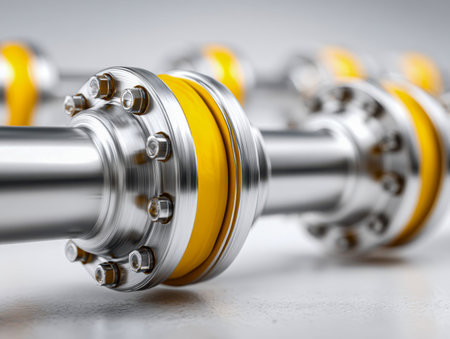 A finely-machined metal coupling with vibrant yellow rubber segments, designed for exact power transfer and stable alignment in heavy-duty industrial systemsの写真素材