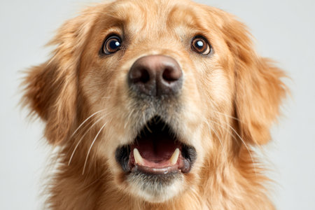 A golden retriever's face lights up with excitement, mouth wide open in a joyful expression, framed by a simple background that emphasizes its vivacious personality.の写真素材