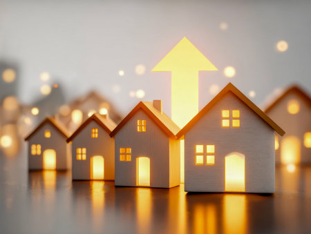 Charming miniature wooden homes with illuminated windows sit beside a bold arrow pointing upward, symbolizing rising property values and expanding housing markets.の写真素材