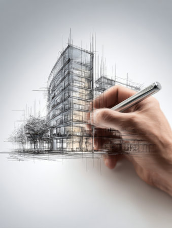 An artisan's hand crafts an intricate blueprint of a contemporary high-rise, capturing innovative urban layouts and visionary construction ideas with delicate pencilの写真素材
