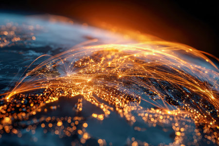 Vibrant digital web of luminous pathways links European cities, illustrating seamless data flow and interconnectedness across the continent's vibrant urban landscapeの写真素材