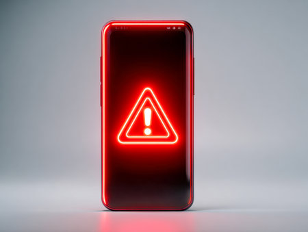 A sleek smartphone screen illuminates with a vivid red warning icon featuring an exclamation point, signaling a urgent notification against a neutral gray backdrop.の写真素材