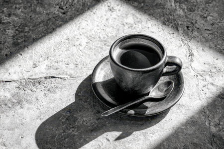 A monochrome scene capturing a ceramic mug resting atop a textured stone surface, with elongated shadows highlighting the interplay of light and roughness.の写真素材
