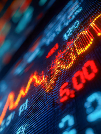A lively assembly of illuminated graphs and dynamic numerical data, capturing the essence of market shifts and financial momentum in an energetic visual format.の写真素材
