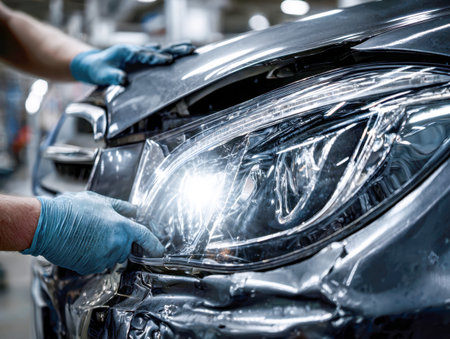A skilled mechanic in protective gloves expertly works on a vehicle's front assembly, illuminated by intense bright reflections that highlight precision and focus.の写真素材