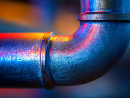 A detailed view of a textured metallic connector illuminated by bold, shifting color gradients, creating an abstract and dynamic engineering-inspired scene.の写真素材