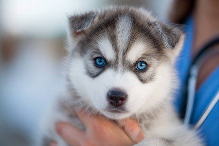 A charming gray and white puppy with icy blue eyes cradled tenderly by a person dressed in blue, with a stethoscope hinting at a caring, veterinary atmosphere.の写真素材