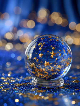 A clear glass orb brimming with shimmering golden stars rests on a glittering blue surface, illuminated by soft bokeh lights, evoking a enchanting holiday mood.の写真素材