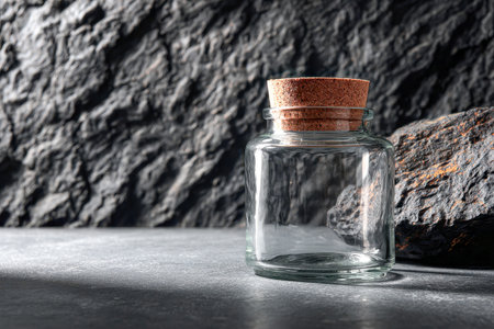 A clear glass container with a natural cork lid sits calmly on a textured surface, accompanied by coarse dark stones, all illuminated by gentle daylight in a sleek, minimの写真素材