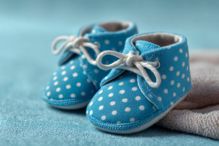 Adorable miniature blue shoes with playful white dots and delicate laces nestled on a warm, textured fabric that evokes comfort and gentle style for little adventureの写真素材