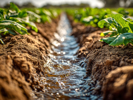 Rich, fertile soil is drenched by a gentle stream of water, nurturing vibrant seedlings under a cloudless sky, capturing the essence of sustainable farming.の写真素材