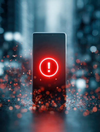 A lone device pulses with a fiery warning amid glistening wet pavement, reflections dancing in the city's nocturnal glow, illuminated by soft, out-of-focus city lighの写真素材