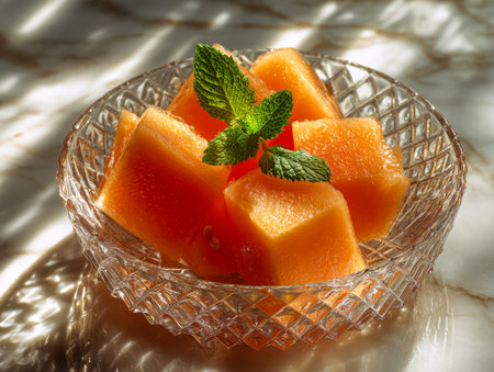 Juicy orange and sweet cantaloupe chunks arranged in an ornate glass bowl, garnished with fresh mint, basking on a luminous marble countertop with delicate shadows.の写真素材