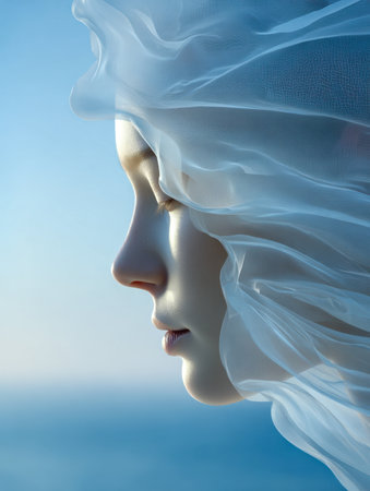 A peaceful woman with closed eyes, adorned in airy, sheer fabric, set against a soothing blue backdrop that emanates a sense of calm and inner harmony.の写真素材