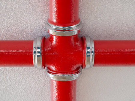 Vibrant crimson pipes intersect with polished silver connectors, creating a precise cross pattern amid a textured white industrial wall.の写真素材