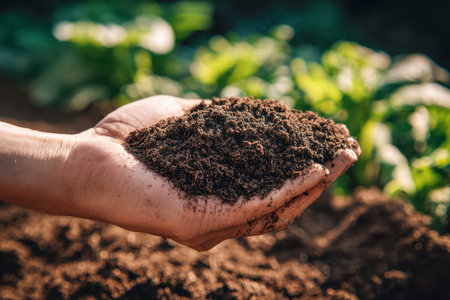 A hand cradles nutrient-rich earth, poised for growth amidst a lively garden bathed in sunlight,...