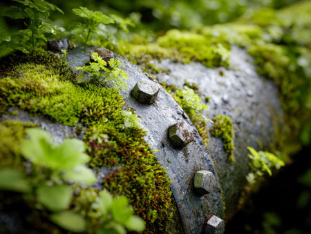 A weathered metal pipe, layered in vibrant moss and tiny greenery, embodies nature's quiet return amidst a lush forest, blending decay with new life.の写真素材