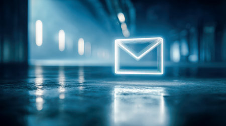 A luminous, stylized mail symbol with vibrant neon accents, set in a contemporary setting featuring a shiny reflective surface and a softly blurred background, evokiの写真素材