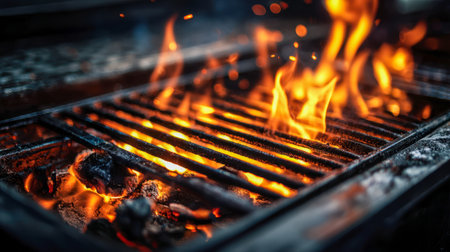 Warm, flickering flames and glowing coals dance beneath a vacant grill, setting a vibrant scene for an energetic outdoor feast under the evening sky.の写真素材