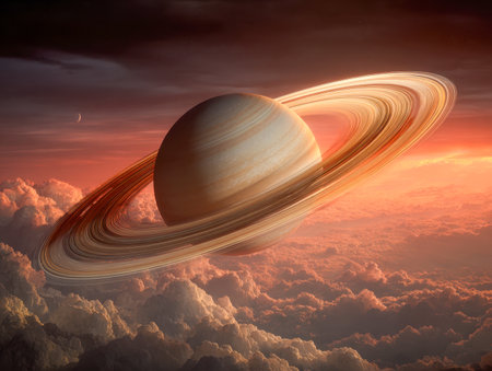 A luminous, regal planet with dazzling rings illuminates a swirling cloudscape beneath a fiery sky, evoking awe during a breathtaking cosmic dawn or dusk.の写真素材