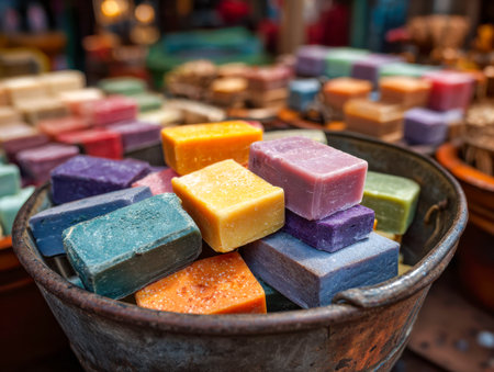 Vibrant, artisanal soap bars are carefully displayed in a vintage metal holder, exuding a lively handmade charm amidst a bustling market scene with soft-focus surroundingの写真素材