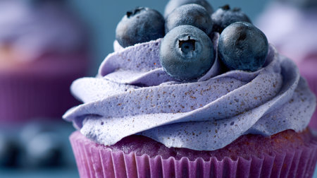 A charming pastel-hued cupcake adorned with luscious purple swirl frosting and plump blueberries, exuding elegance and mouthwatering appeal in gentle lighting.の写真素材