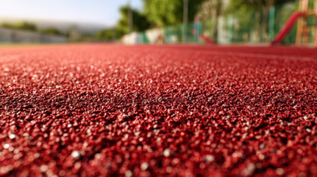 A close-up view captures the rugged, granular texture of a vibrant red athletic surface, with a softly blurred playground and lush trees under bright daylight.の写真素材