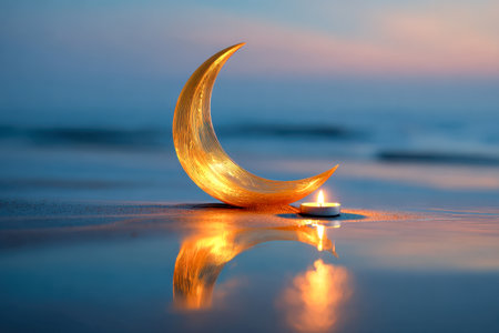 A luminous candle casts a gentle glow beside a polished crescent moon sculpture, mirrored on a glossy surface under a calm, dusky sky, evoking serenity and reflectioの写真素材