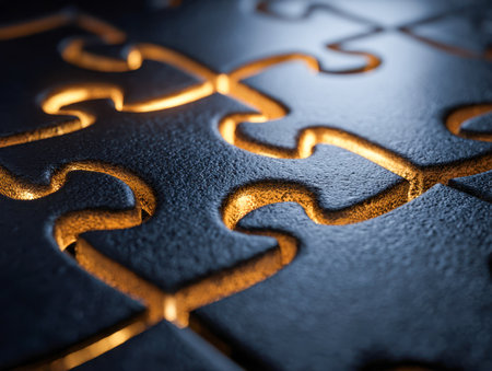 A striking interplay of shadowed puzzle fragments interlaced with vibrant, glowing spaces evokes themes of intricate connections and innovative thinking.の写真素材