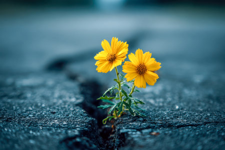 A vivid cluster of yellow blossoms boldly emerges through a worn, dark pavement crack, embodied resilience and life beneath gentle natural illumination.の写真素材
