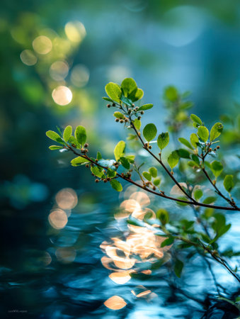 Gentle sunlight filters through lush green foliage, casting shimmering reflections on calm waters amid a serene, softly illuminated natural landscape.の写真素材