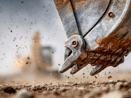 A massive excavator probes the cracked earth, scattering clumps of dust under a moody, overcast sky as construction efforts reshape the rugged terrain.の写真素材
