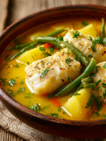 A cozy, rustic ceramic bowl brimming with hearty fish stew, featuring flaky white fish, vibrant green beans, tender potatoes, and fragrant herbs in a savory broth, aの写真素材