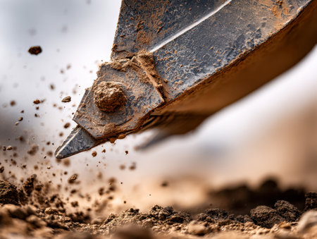 A detailed shot captures an excavator scoop momentarily lifting soil, scattering particles mid-air, set against a bustling construction environment.の写真素材